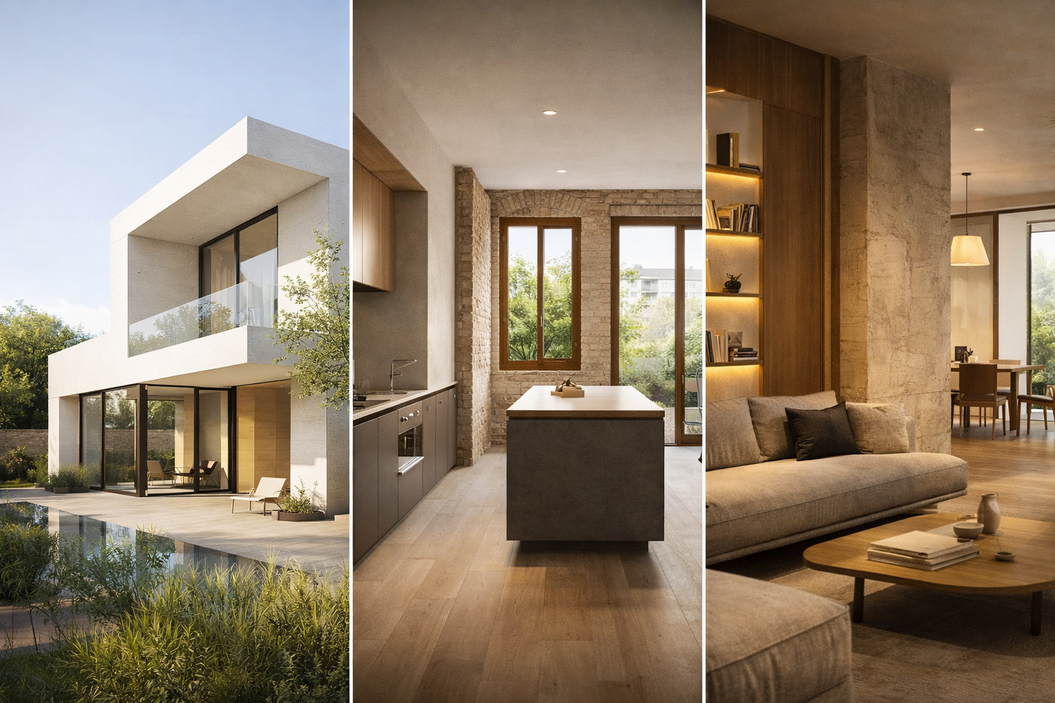 Interior residencial moderno con luz natural y materiales cálidos