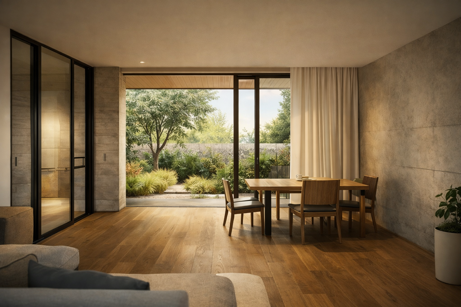 Exterior de arquitectura contemporánea con líneas limpias y acentos cálidos