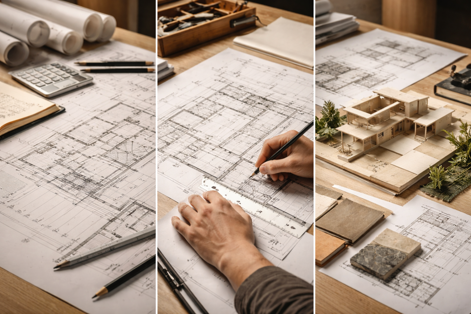 Mesa de trabajo con planos, muestras y documentación